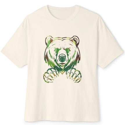 Beige t-shirt with a bear graphic design on a white background