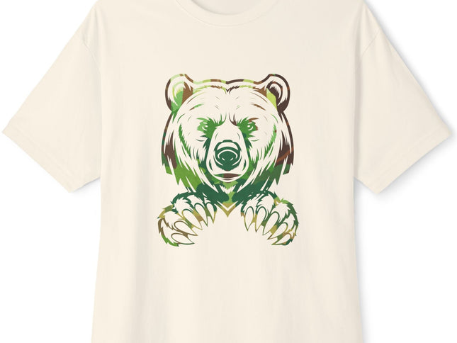 Beige t-shirt with a bear graphic design on a white background