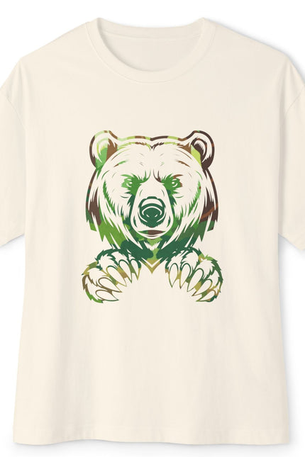 Beige t-shirt with a bear graphic design on a white background
