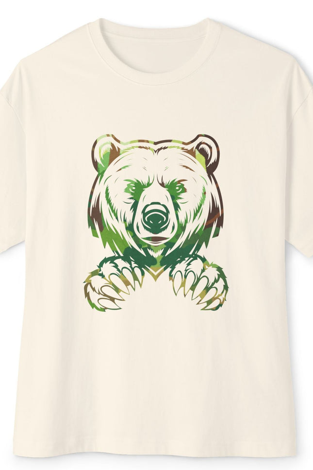 Beige t-shirt with a bear graphic design on a white background