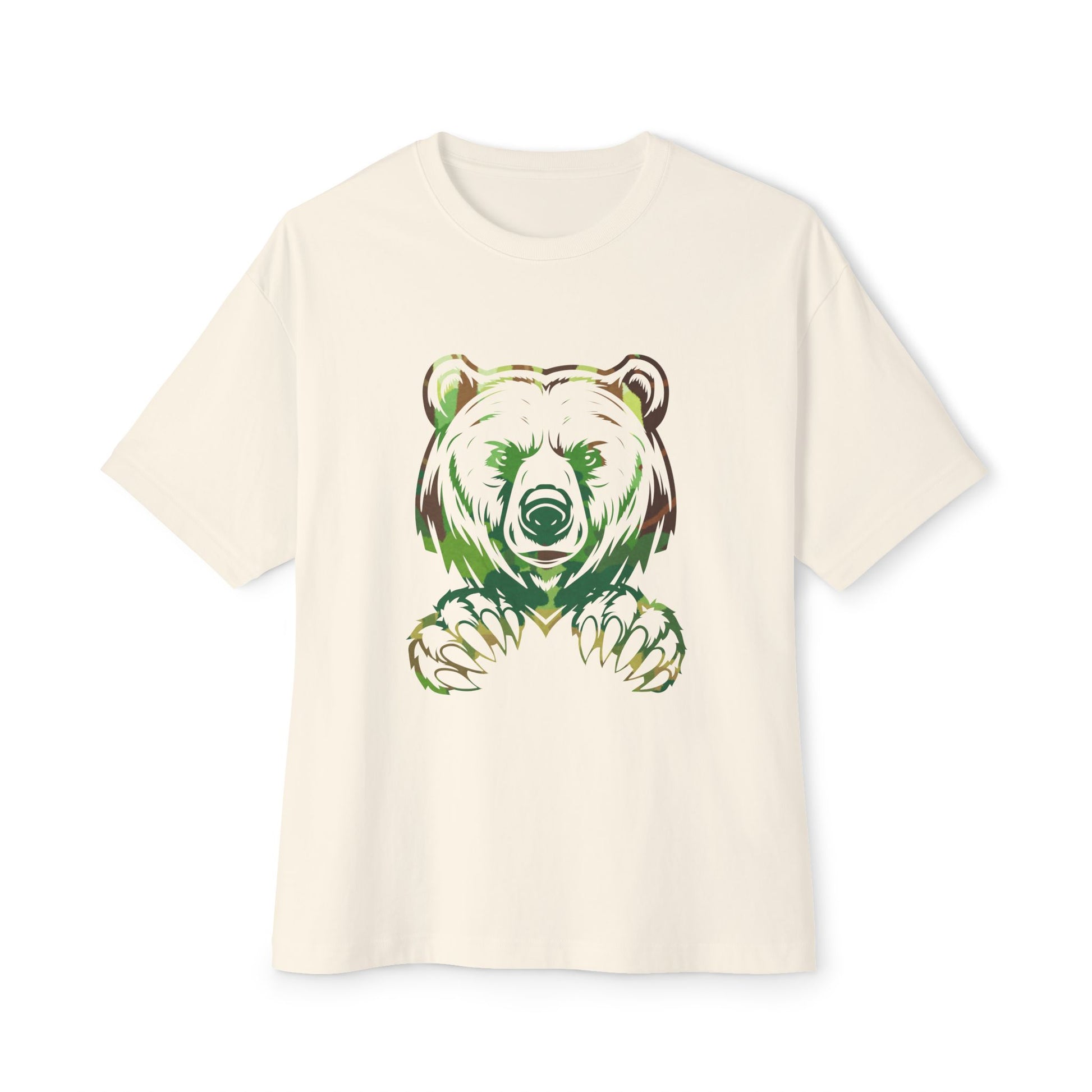 Beige t-shirt with a bear graphic design on a white background