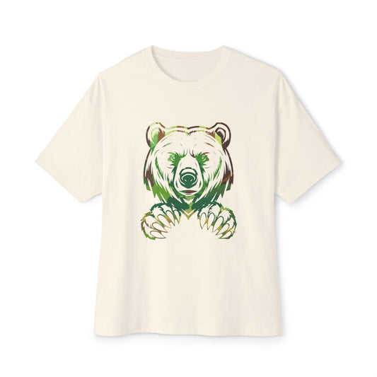 Beige t-shirt with a bear graphic design on a white background
