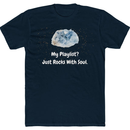Navy blue t-shirt with a graphic of a large gemstone and text on a white background
