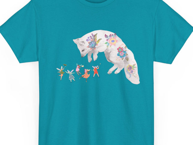 Turquoise t-shirt with a floral fox design on a white background