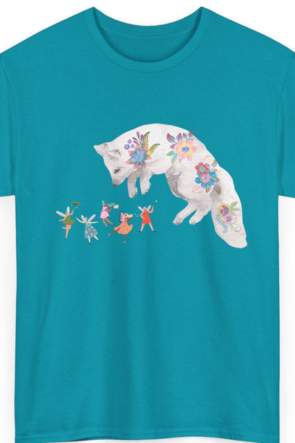 Turquoise t-shirt with a floral fox design on a white background