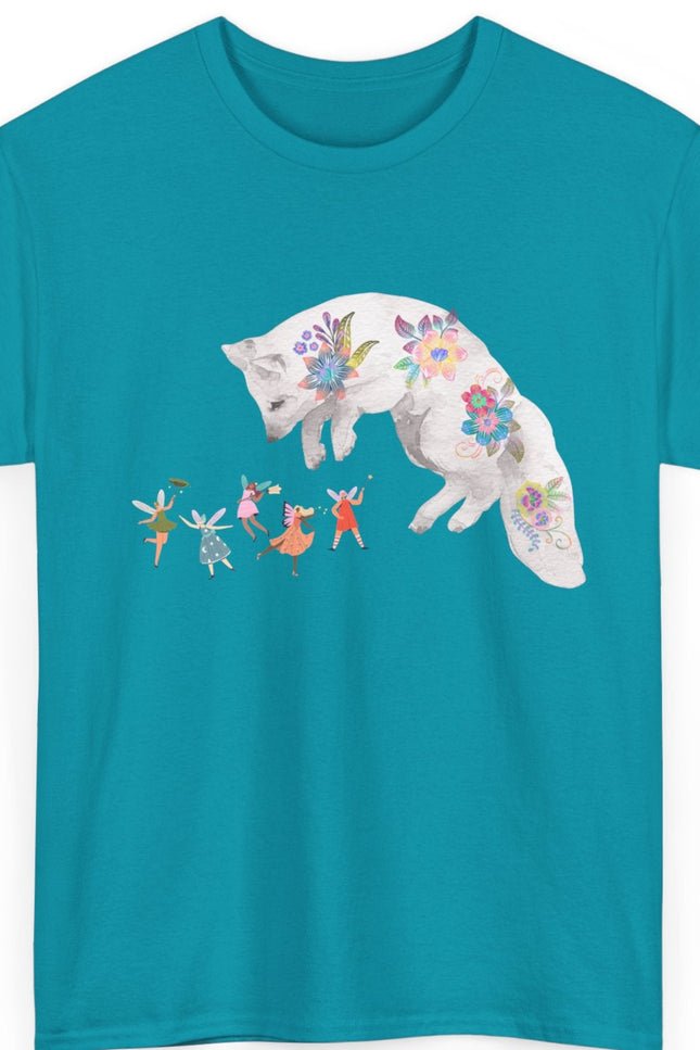 Turquoise t-shirt with a floral fox design on a white background