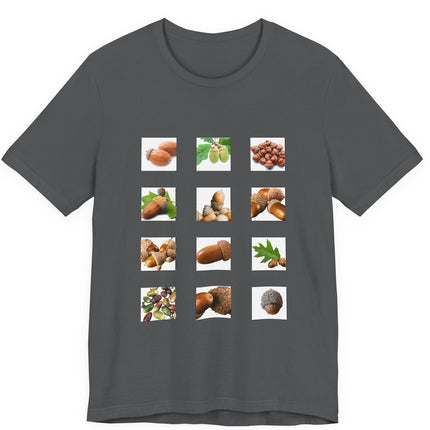 Dark Gray t-shirt with images of acorns and leaves arranged in a grid postage stamp pattern on a white background
