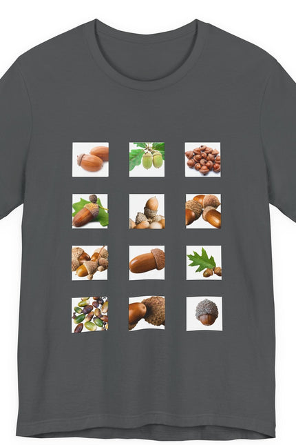 Dark Gray t-shirt with images of acorns and leaves arranged in a grid postage stamp pattern on a white background