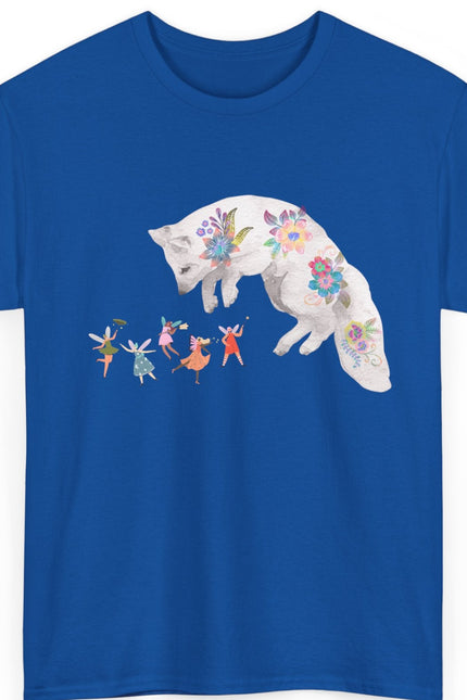 Blue t-shirt with a white fox and fairy design on a white background