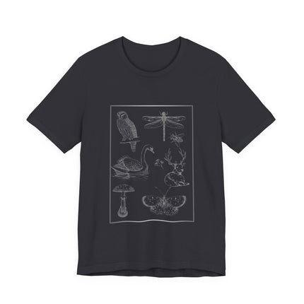 Dark gray t-shirt with wildlife you might see on a hike (owl, dragonfly, swan, deer, flowers, bee, mushroom, and butterfly.  With a white background