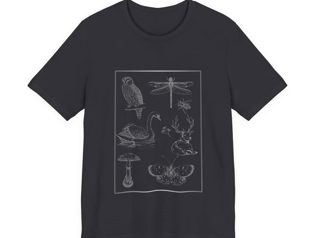 Dark gray t-shirt with wildlife you might see on a hike (owl, dragonfly, swan, deer, flowers, bee, mushroom, and butterfly.  With a white background