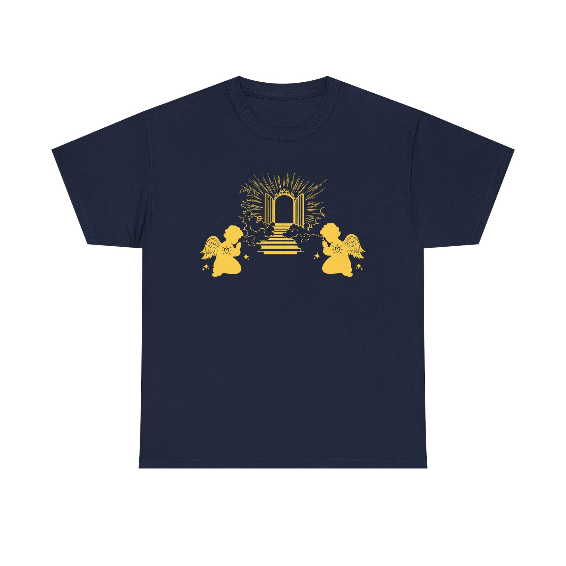 Navy t-shirt with two gold angels praying at Heaven's Gate design on a white background