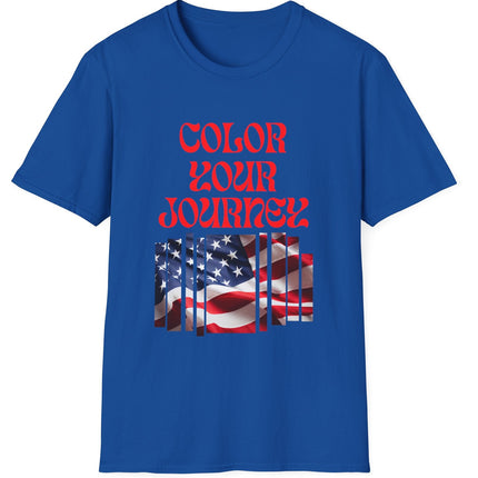 Blue t-shirt with 'Color Your Journey' text and American flag design on a white background
