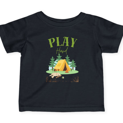 Black t-shirt with a graphic of a tent and trees and the text 'Play Hard' on a white background.