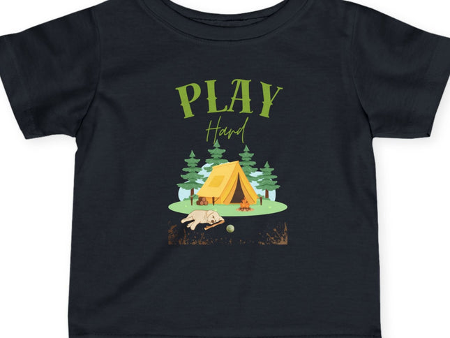 Black t-shirt with a graphic of a tent and trees and the text 'Play Hard' on a white background.