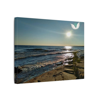 Canvas print of a beach scene with waves and a sun, featuring a white dove icon.