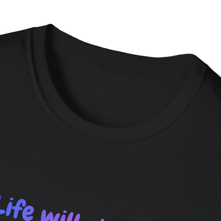 Black t-shirt with text in purple and blue on a white background