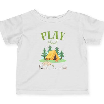 White t-shirt with a camping-themed design and 'Play Hard' text on a white background