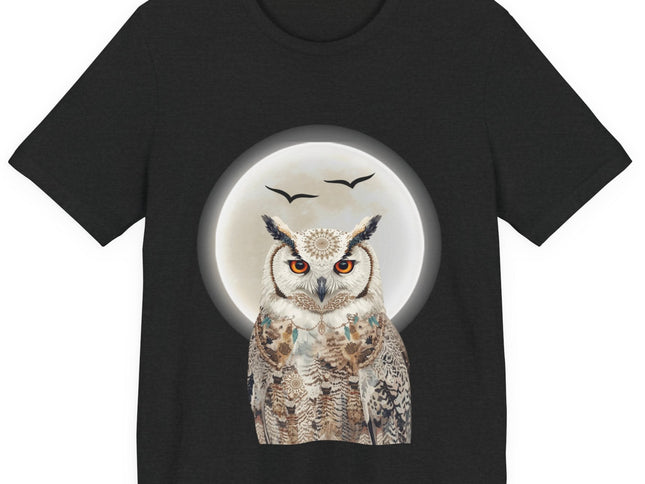 Black t-shirt with an owl design on a white background