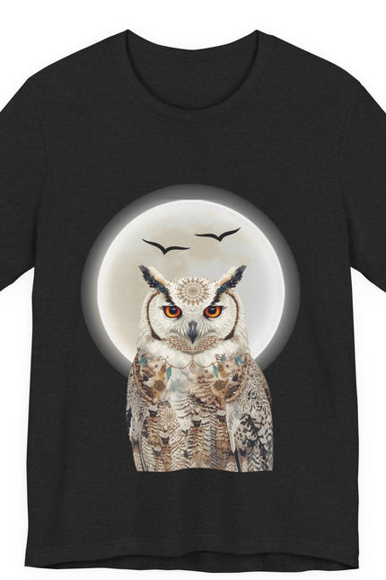 Black t-shirt with an owl design on a white background