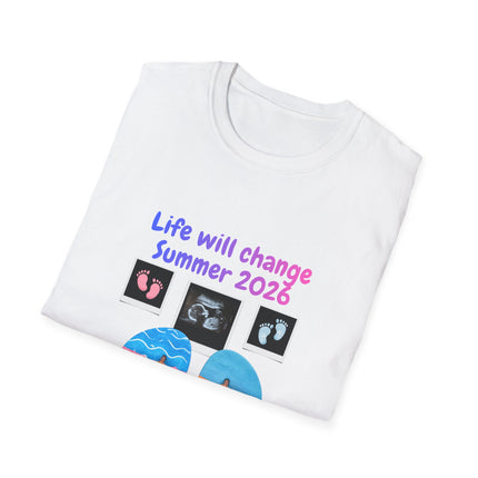 Folded white t-shirt with baby-themed graphics and text on a white background
