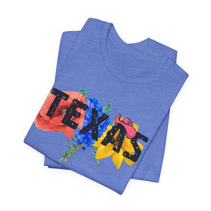 Blue t-shirt with 'Texas' design featuring flowers and a cowboy hat on a white background