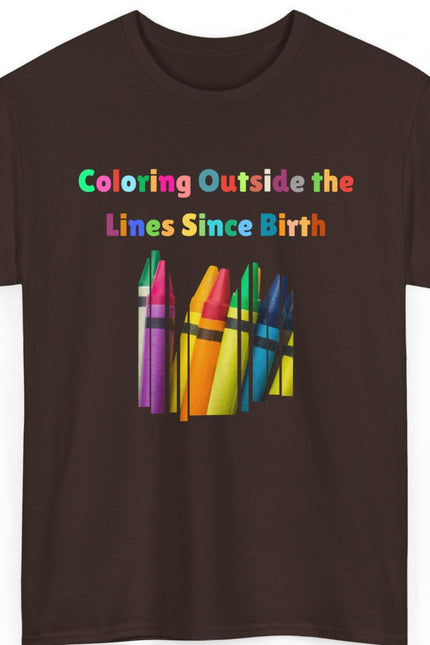 Brown t-shirt with colorful crayons and text on a white background