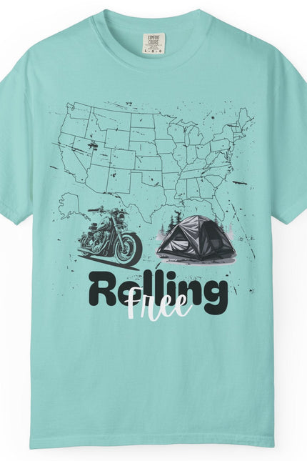 Chalky mint t-shirt with graphic design and text on a white background