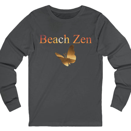 Dark gray long-sleeve shirt with 'Beach Zen' text and butterfly graphic on a white background