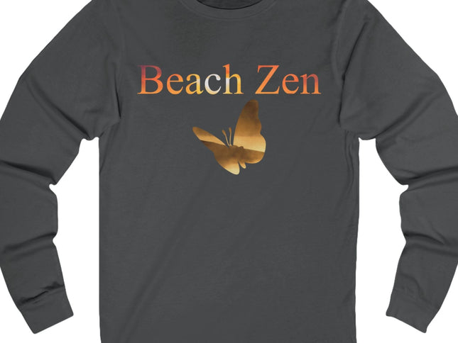 Dark gray long-sleeve shirt with 'Beach Zen' text and butterfly graphic on a white background