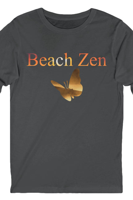 Dark gray long-sleeve shirt with 'Beach Zen' text and butterfly graphic on a white background
