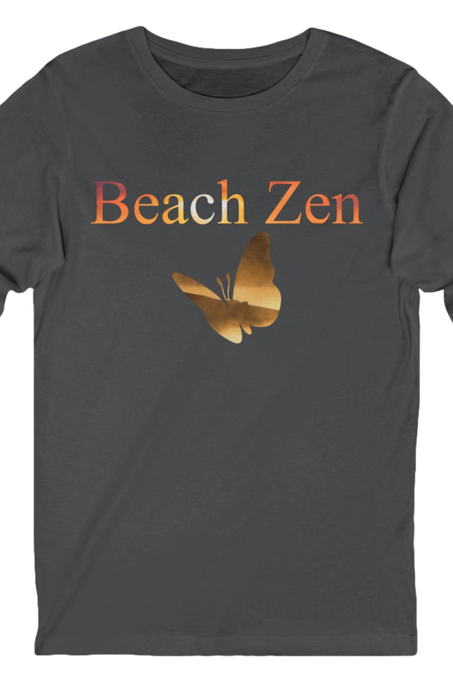 Dark gray long-sleeve shirt with 'Beach Zen' text and butterfly graphic on a white background