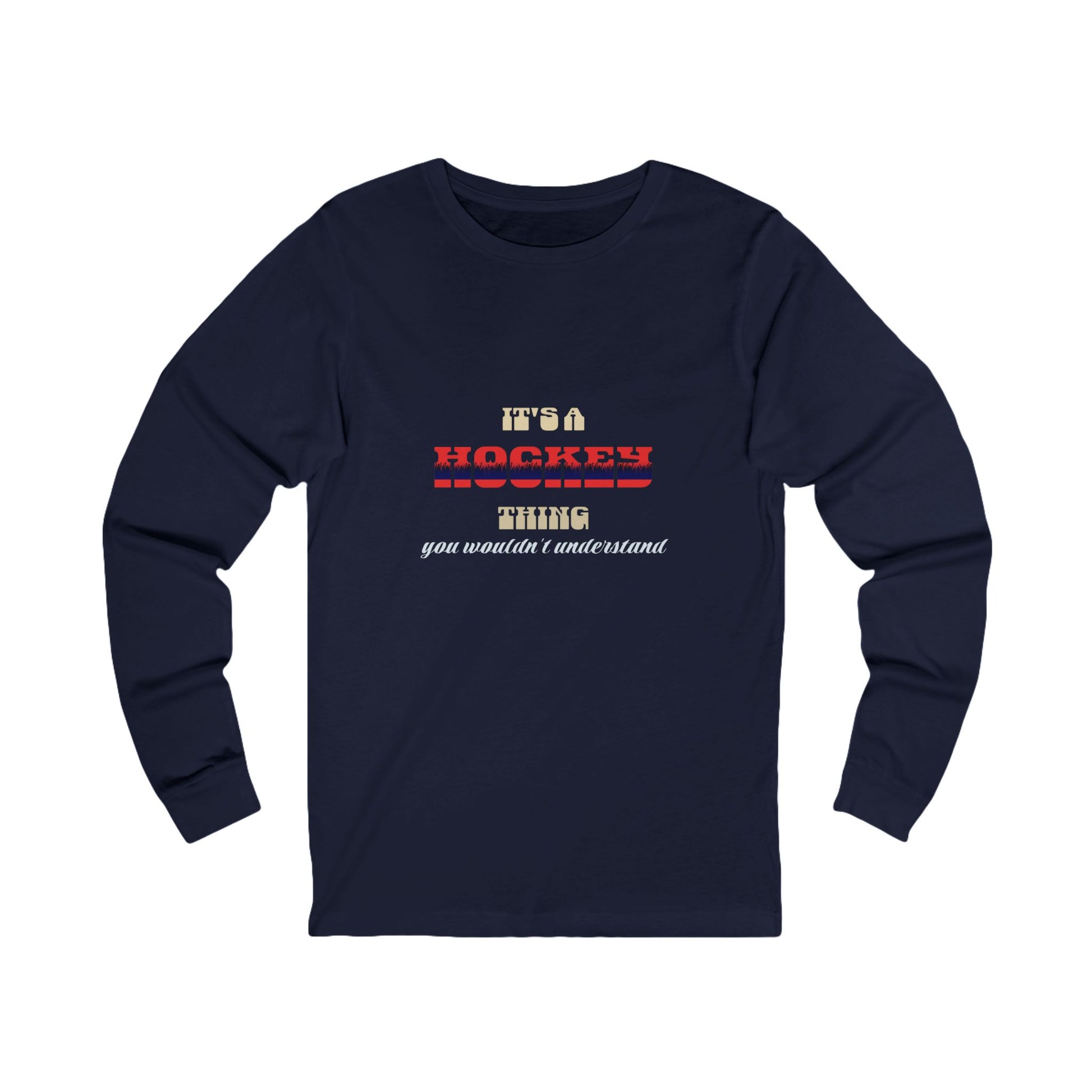 Navy blue long-sleeve shirt with text design on a white background