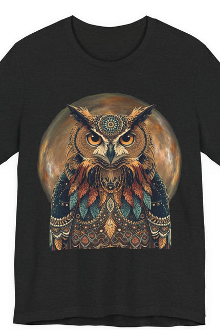 Black t-shirt with a colorful owl design on a white background