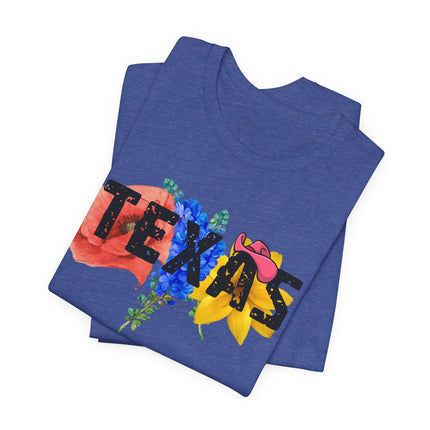 Blue t-shirt with 'Texas' design featuring flowers on a white background