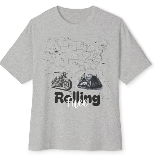 Gray t-shirt with a graphic design of a map of the United States and text 'Rolling Free' on a white background.