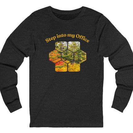 Blackish colored long sleeved t-shirt with words "Step Into My Office" with an autumn scene below.