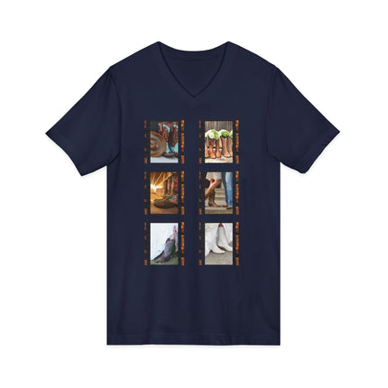 Navy blue t-shirt with a collage of images on a white background