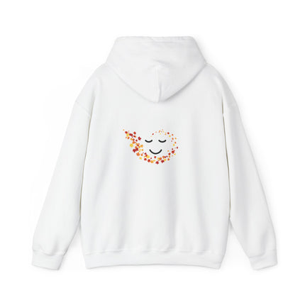 Back of White hoodie with a colorful smiley face design on the back against a white background