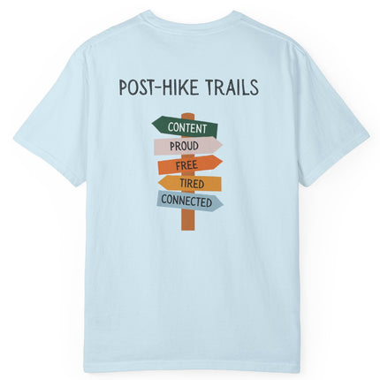 Back of light blue t-shirt with 'Post-Hike Trails' design on a white background