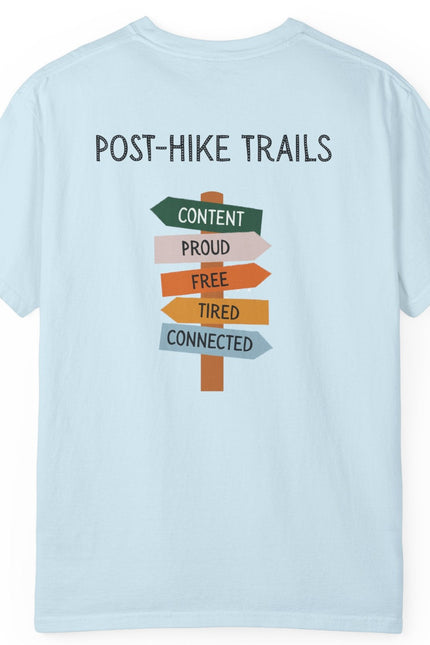 Back of light blue t-shirt with 'Post-Hike Trails' design on a white background