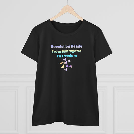 Black t-shirt with text of Revolution Ready From Suffragette To Freedom and dove graphics on a white background