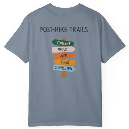 Back of blue t-shirt with 'Post-Hike Trails' design on a white background