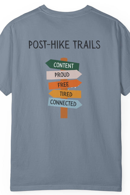 Back of blue t-shirt with 'Post-Hike Trails' design on a white background