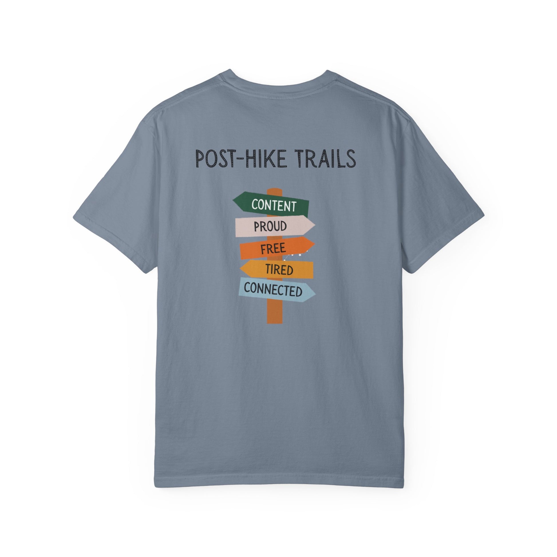 Back of blue t-shirt with 'Post-Hike Trails' design on a white background