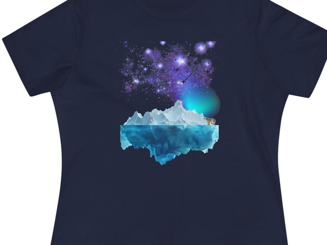 Navy blue t-shirt with a cosmic design featuring shooting stars and northern lights.  A polar bear is standing on an iceberg looking at the scene.
