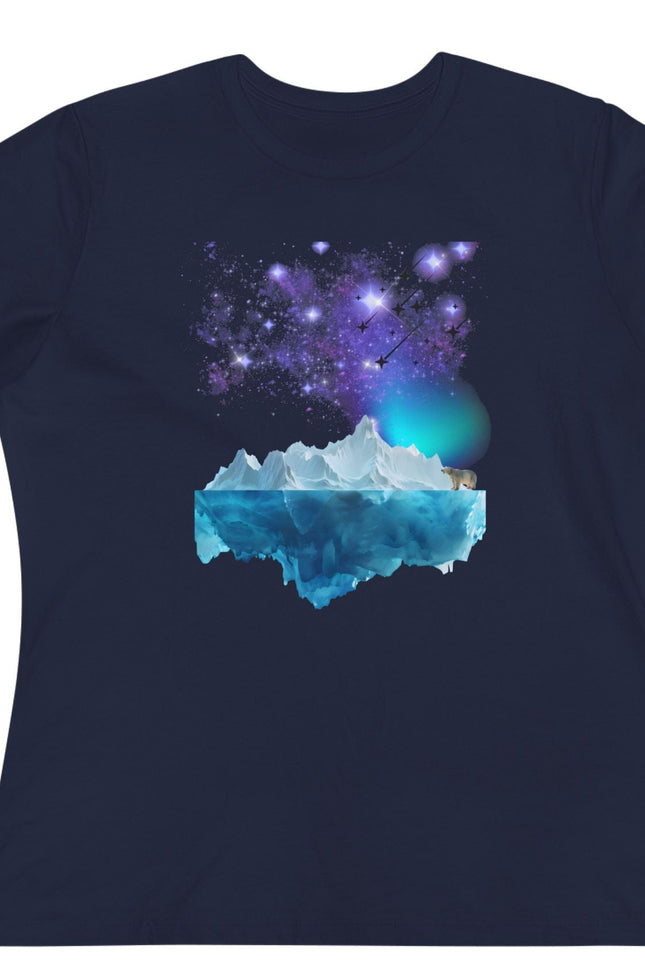 Navy blue t-shirt with a cosmic design featuring shooting stars and northern lights.  A polar bear is standing on an iceberg looking at the scene.