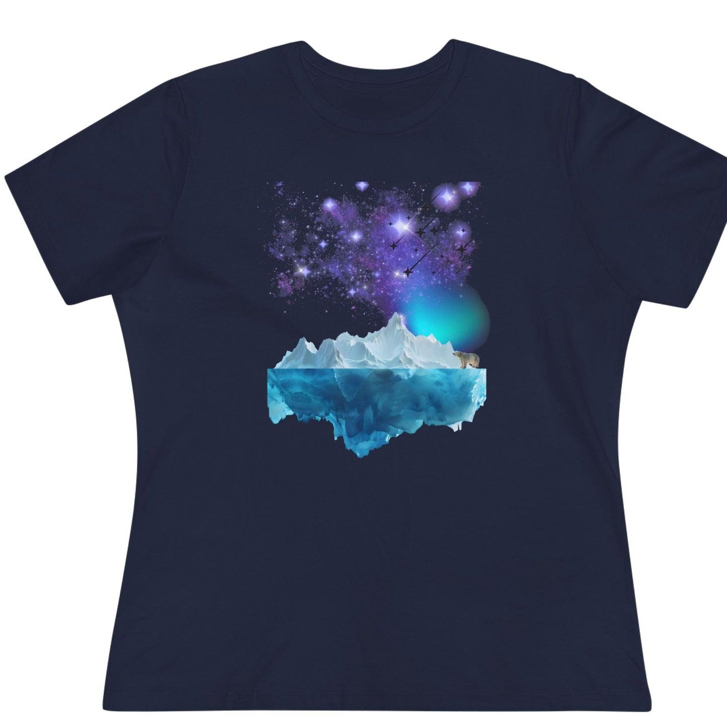 Navy blue t-shirt with a cosmic design featuring shooting stars and northern lights.  A polar bear is standing on an iceberg looking at the scene.