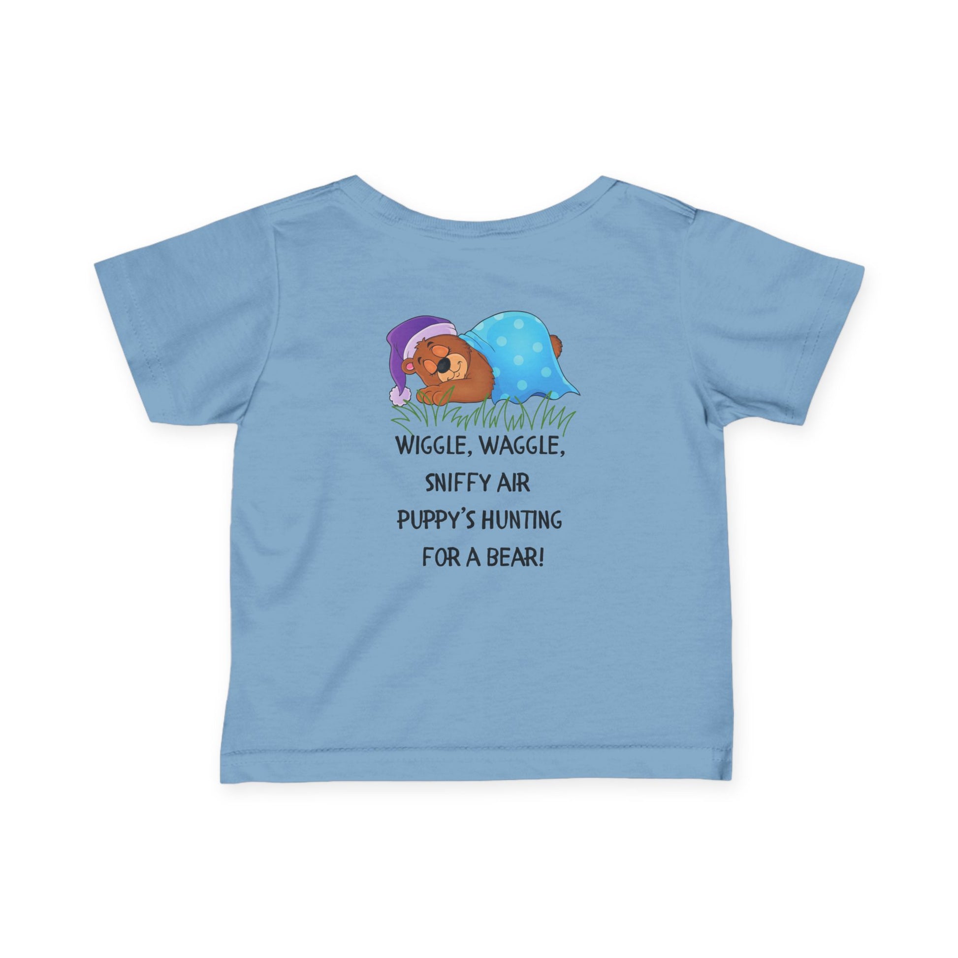 Light blue t-shirt with cartoon bears and text on a white background