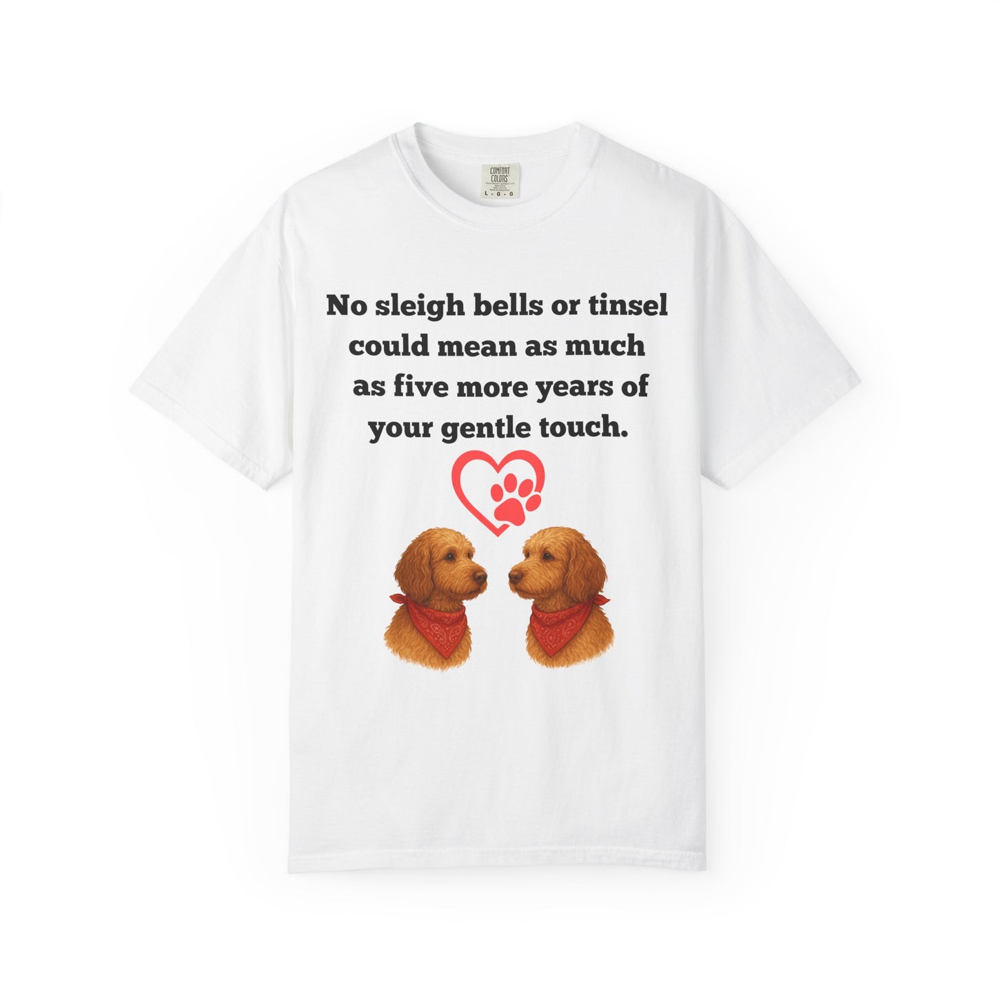 White t-shirt with two dogs, a heart, and text on a white background